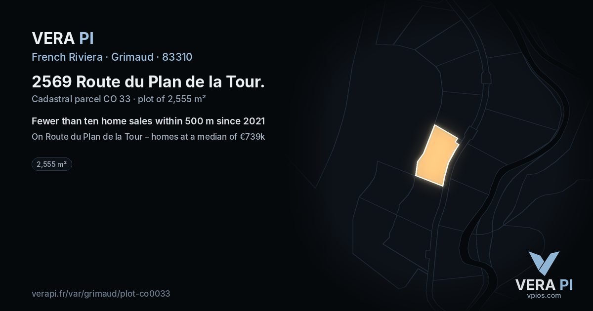 2569 Route du Plan de la Tour, Grimaud at night – the plot lit, the parcels around coloured by the prices near them