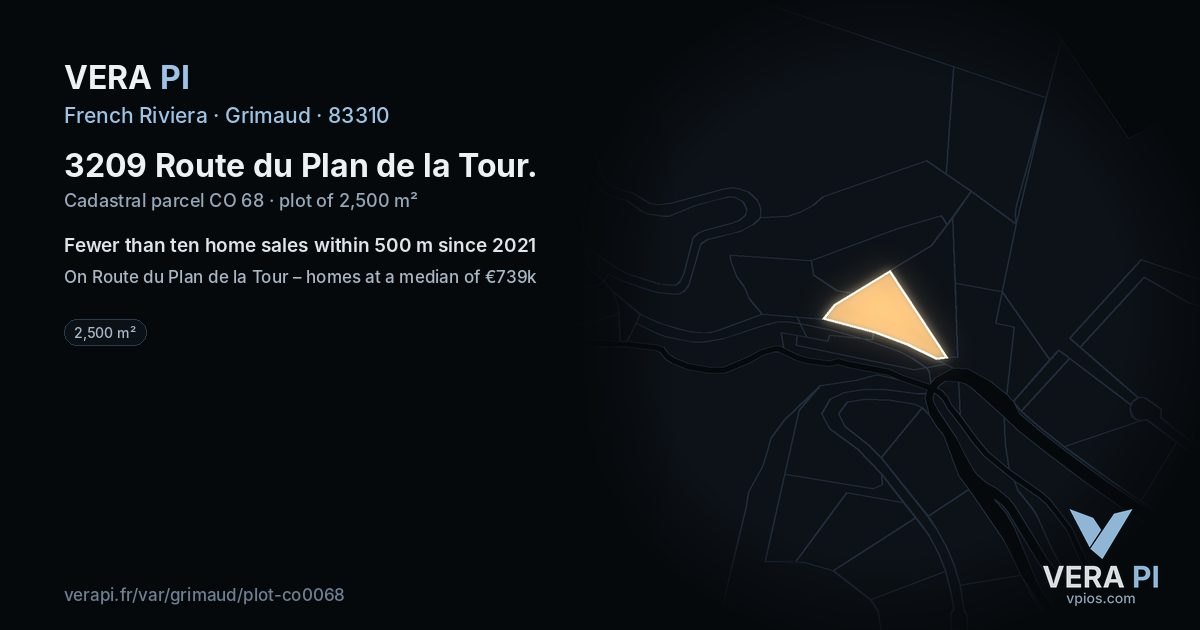 3209 Route du Plan de la Tour, Grimaud at night – the plot lit, the parcels around coloured by the prices near them