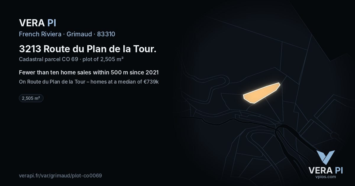 3213 Route du Plan de la Tour, Grimaud at night – the plot lit, the parcels around coloured by the prices near them