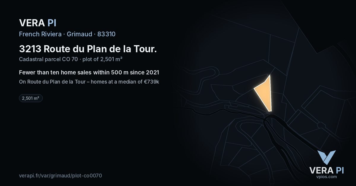 3213 Route du Plan de la Tour, Grimaud at night – the plot lit, the parcels around coloured by the prices near them