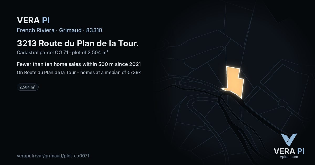 3213 Route du Plan de la Tour, Grimaud at night – the plot lit, the parcels around coloured by the prices near them