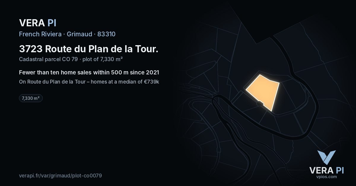 3723 Route du Plan de la Tour, Grimaud at night – the plot lit, the parcels around coloured by the prices near them