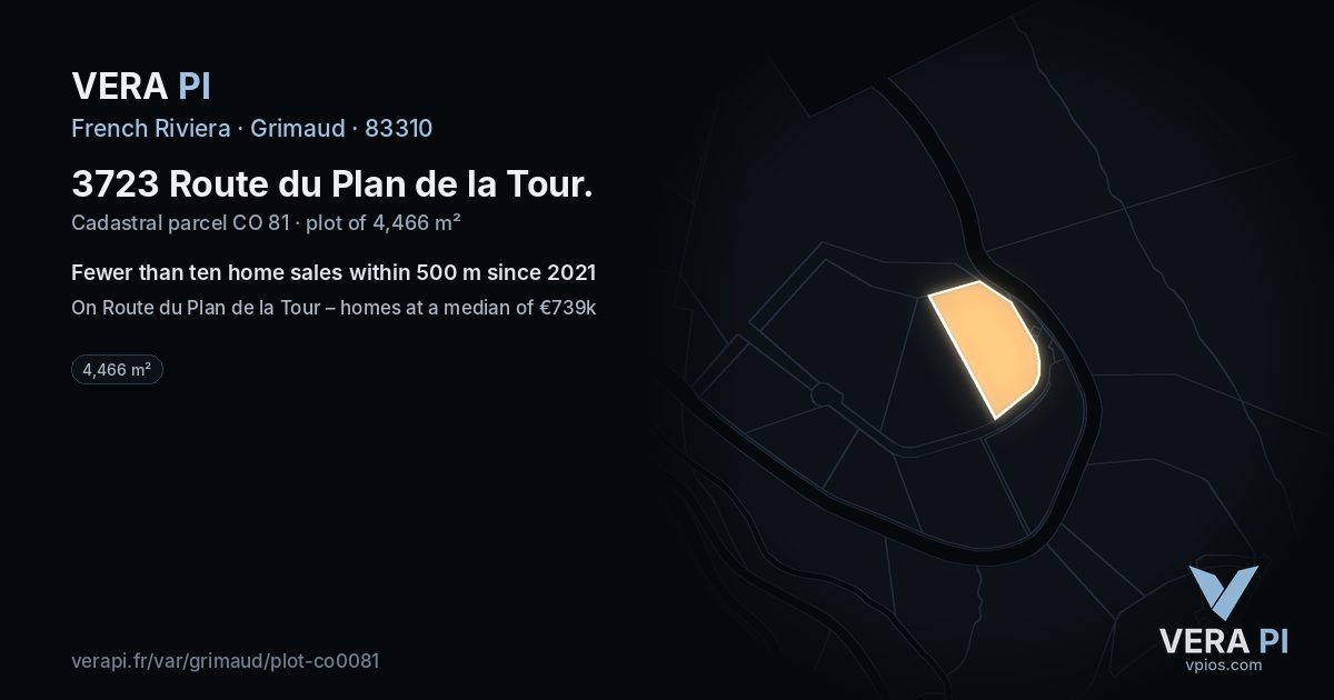 3723 Route du Plan de la Tour, Grimaud at night – the plot lit, the parcels around coloured by the prices near them
