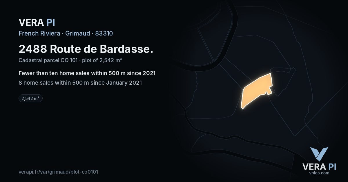 2488 Route de Bardasse, Grimaud at night – the plot lit, the parcels around coloured by the prices near them