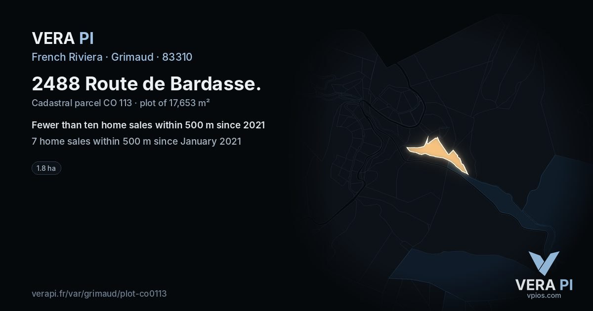 2488 Route de Bardasse, Grimaud at night – the plot lit, the parcels around coloured by the prices near them