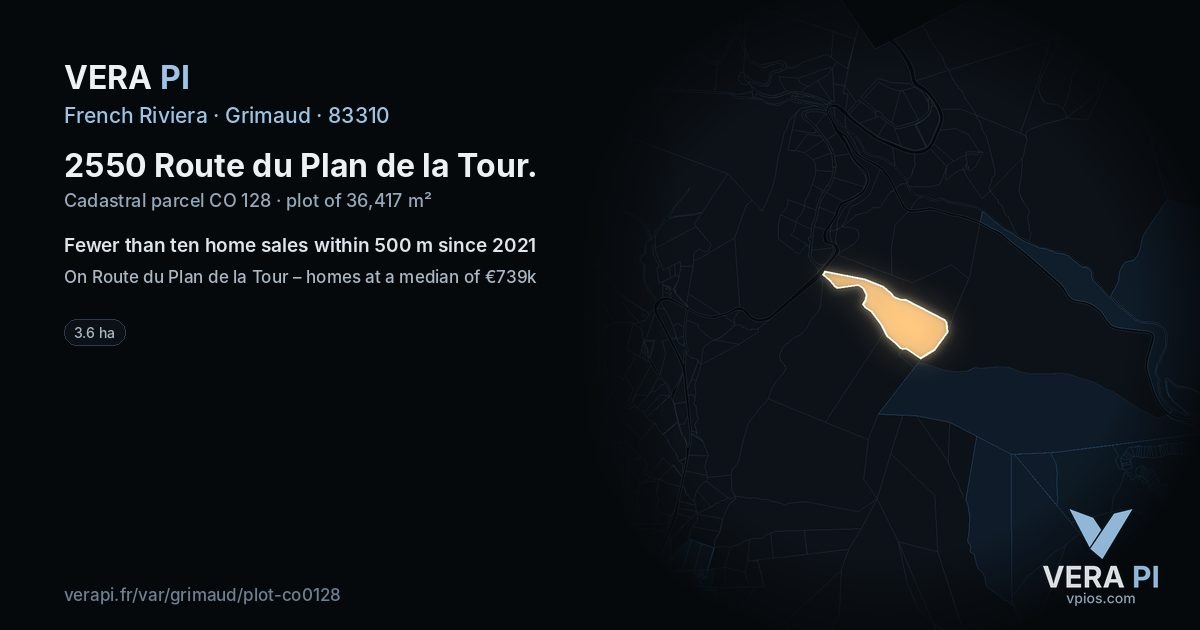 2550 Route du Plan de la Tour, Grimaud at night – the plot lit, the parcels around coloured by the prices near them
