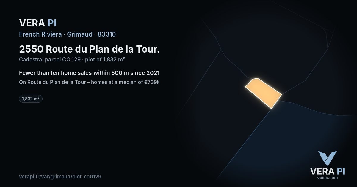 2550 Route du Plan de la Tour, Grimaud at night – the plot lit, the parcels around coloured by the prices near them