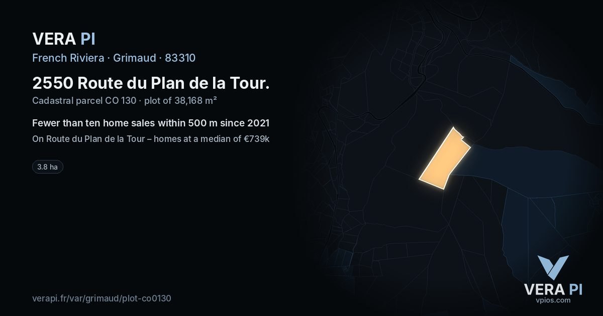 2550 Route du Plan de la Tour, Grimaud at night – the plot lit, the parcels around coloured by the prices near them