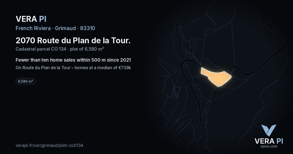 2070 Route du Plan de la Tour, Grimaud at night – the plot lit, the parcels around coloured by the prices near them