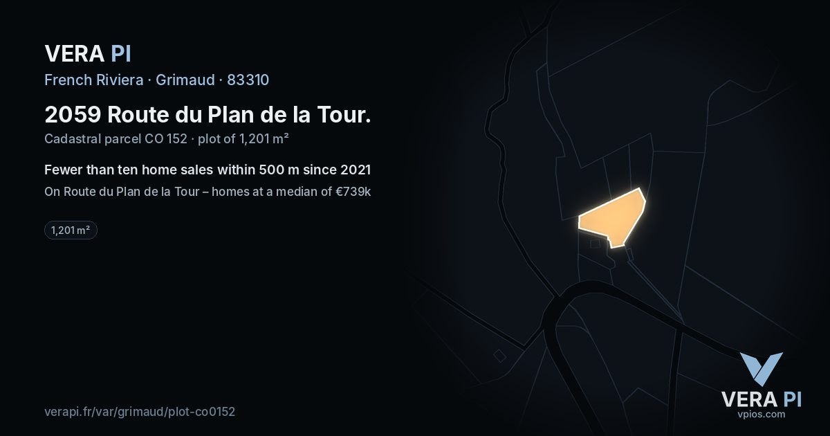 2059 Route du Plan de la Tour, Grimaud at night – the plot lit, the parcels around coloured by the prices near them