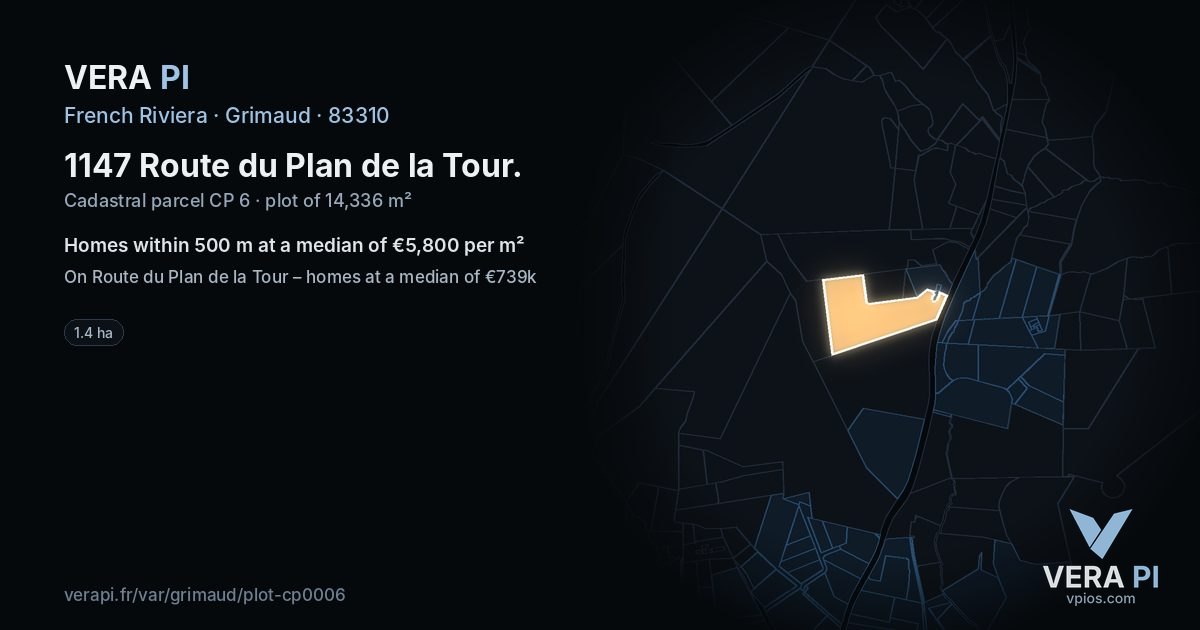 1147 Route du Plan de la Tour, Grimaud at night – the plot lit, the parcels around coloured by the prices near them