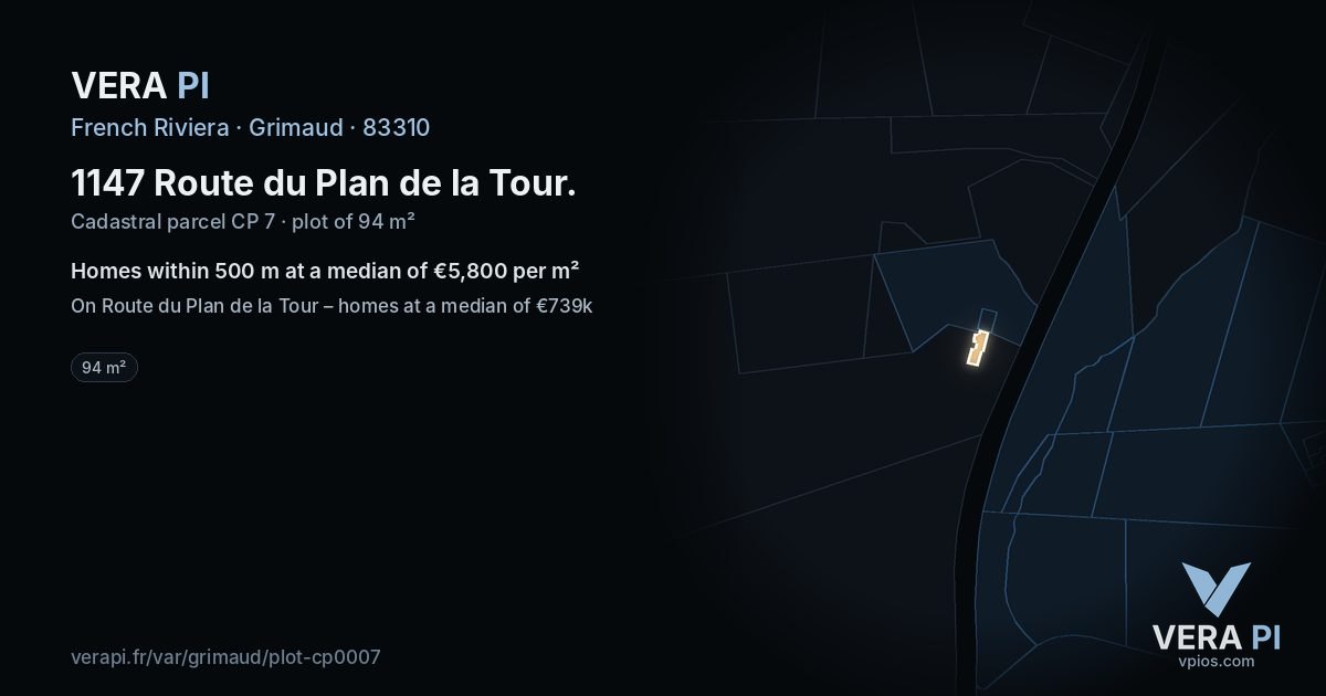 1147 Route du Plan de la Tour, Grimaud at night – the plot lit, the parcels around coloured by the prices near them