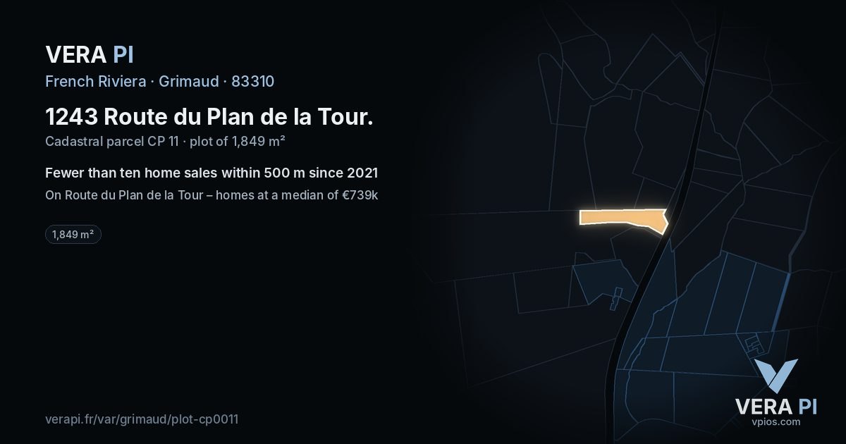 1243 Route du Plan de la Tour, Grimaud at night – the plot lit, the parcels around coloured by the prices near them