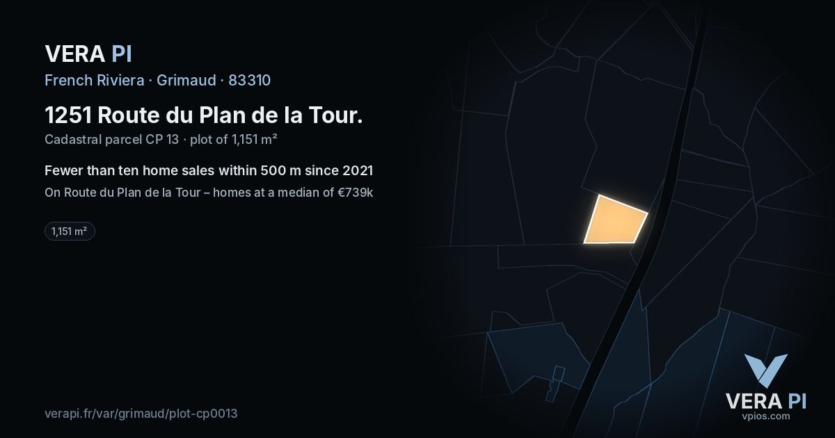 1251 Route du Plan de la Tour, Grimaud at night – the plot lit, the parcels around coloured by the prices near them