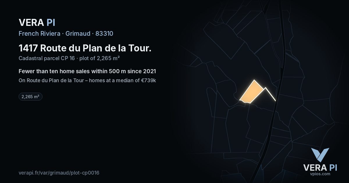 1417 Route du Plan de la Tour, Grimaud at night – the plot lit, the parcels around coloured by the prices near them