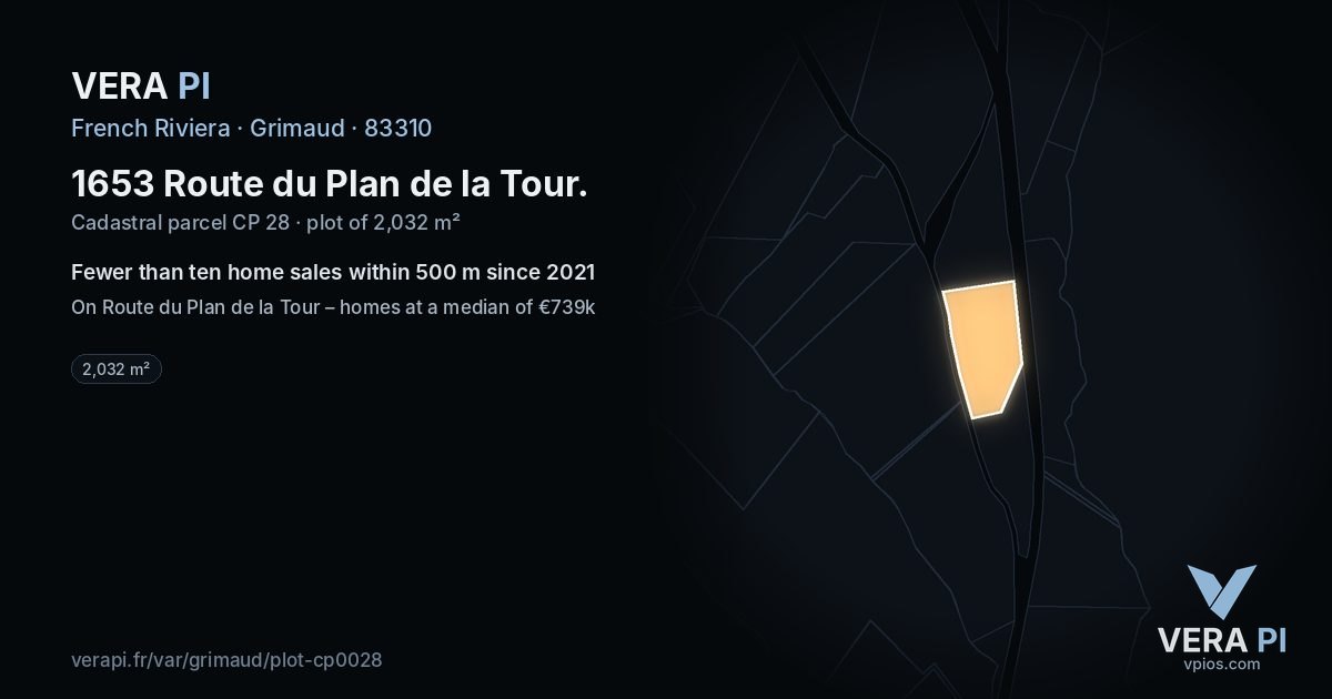 1653 Route du Plan de la Tour, Grimaud at night – the plot lit, the parcels around coloured by the prices near them