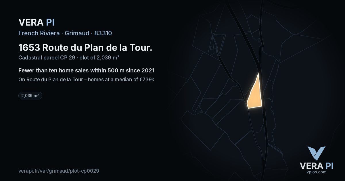 1653 Route du Plan de la Tour, Grimaud at night – the plot lit, the parcels around coloured by the prices near them