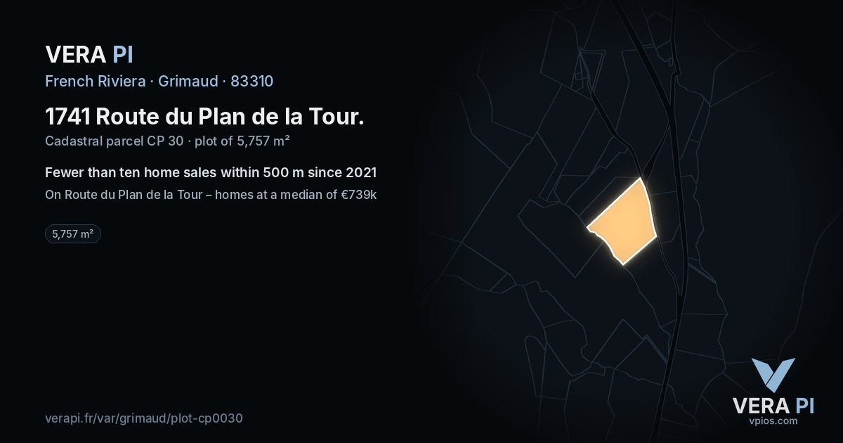 1741 Route du Plan de la Tour, Grimaud at night – the plot lit, the parcels around coloured by the prices near them