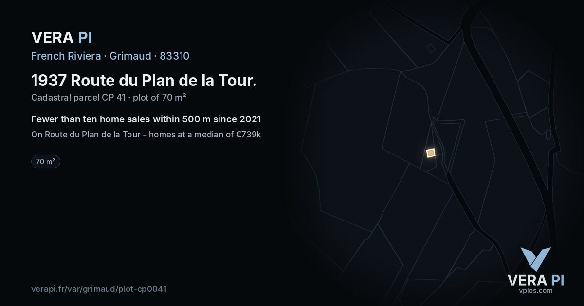 1937 Route du Plan de la Tour, Grimaud at night – the plot lit, the parcels around coloured by the prices near them