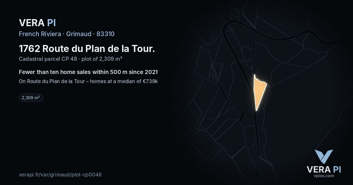 1762 Route du Plan de la Tour, Grimaud at night – the plot lit, the parcels around coloured by the prices near them