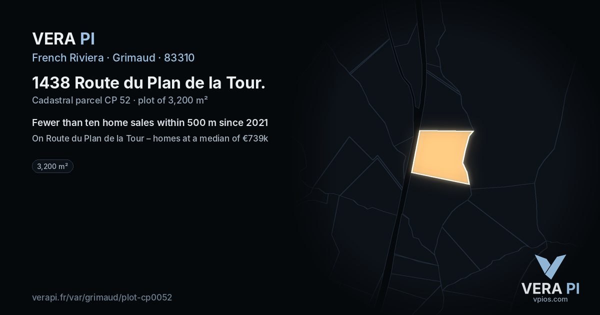 1438 Route du Plan de la Tour, Grimaud at night – the plot lit, the parcels around coloured by the prices near them