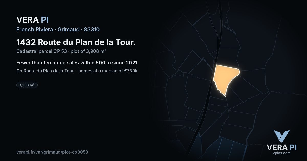 1432 Route du Plan de la Tour, Grimaud at night – the plot lit, the parcels around coloured by the prices near them