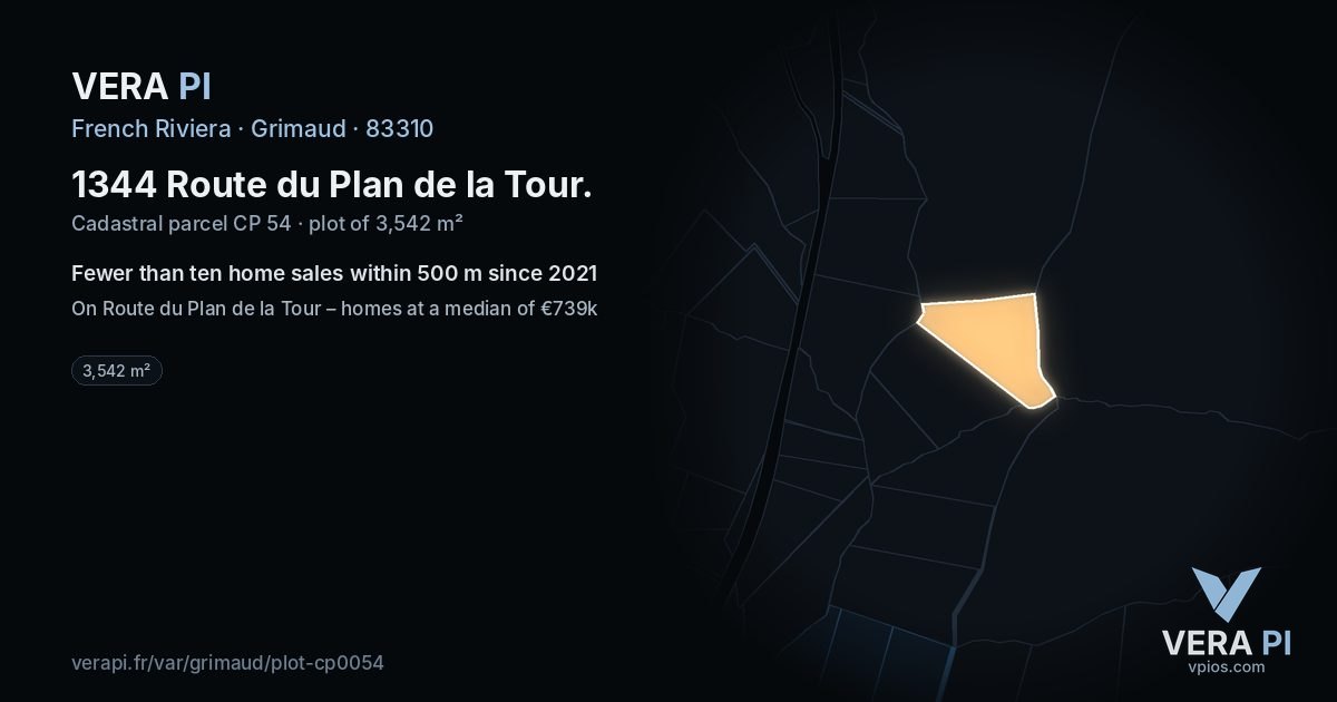 1344 Route du Plan de la Tour, Grimaud at night – the plot lit, the parcels around coloured by the prices near them