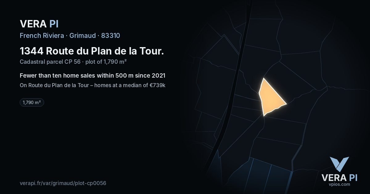 1344 Route du Plan de la Tour, Grimaud at night – the plot lit, the parcels around coloured by the prices near them