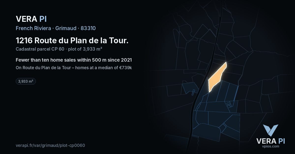 1216 Route du Plan de la Tour, Grimaud at night – the plot lit, the parcels around coloured by the prices near them