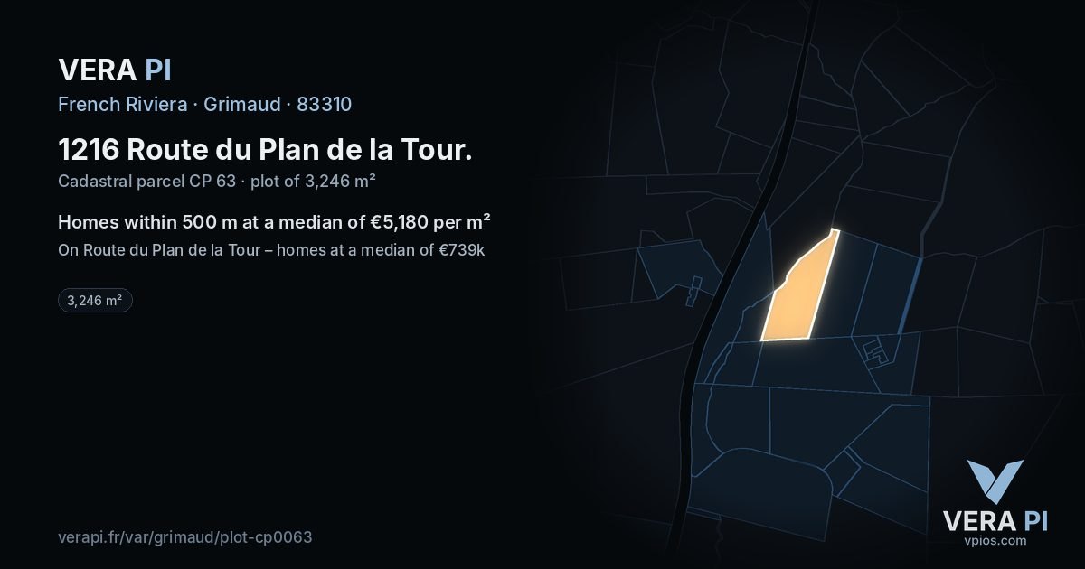 1216 Route du Plan de la Tour, Grimaud at night – the plot lit, the parcels around coloured by the prices near them