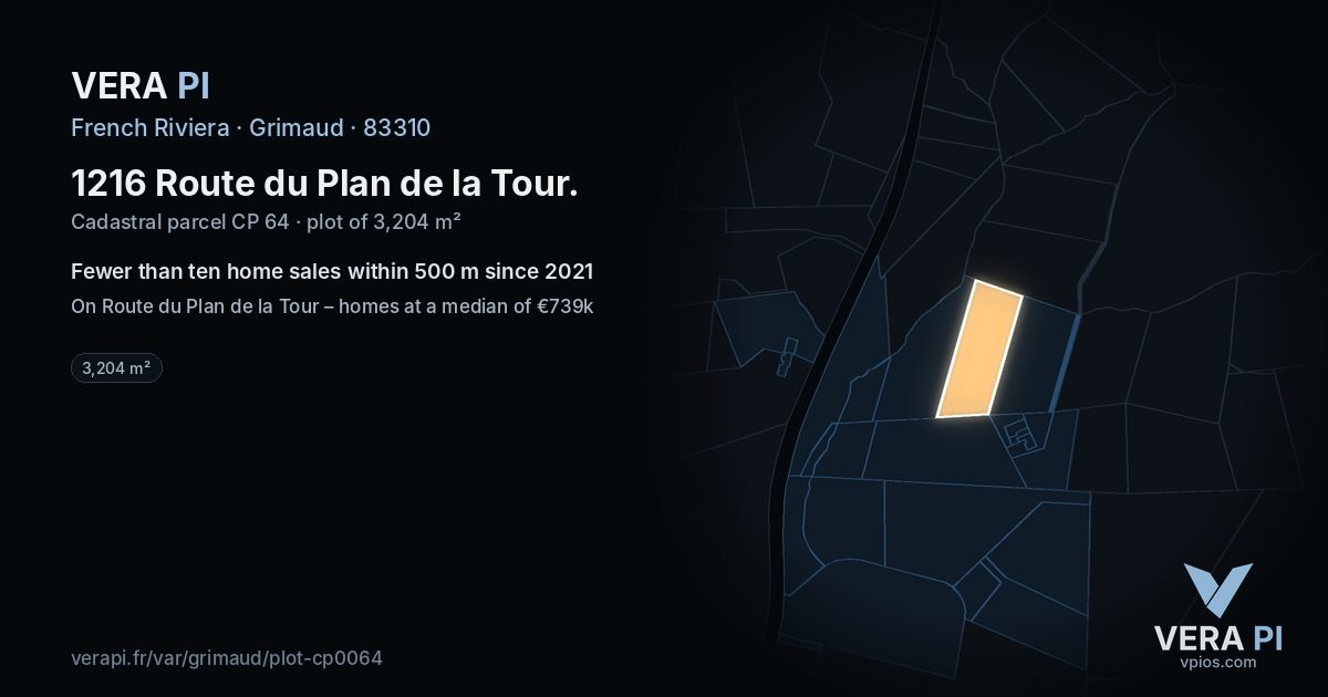 1216 Route du Plan de la Tour, Grimaud at night – the plot lit, the parcels around coloured by the prices near them