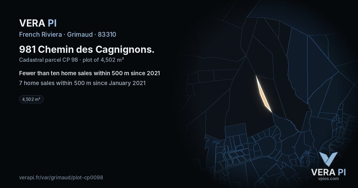 981 Chemin des Cagnignons, Grimaud at night – the plot lit, the parcels around coloured by the prices near them