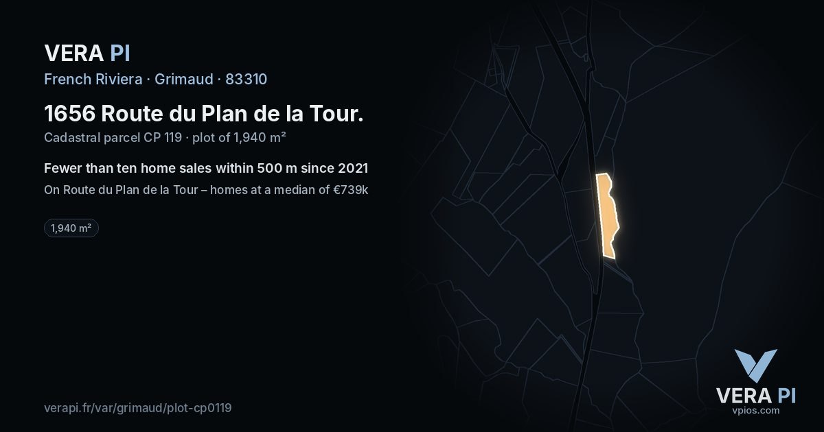 1656 Route du Plan de la Tour, Grimaud at night – the plot lit, the parcels around coloured by the prices near them