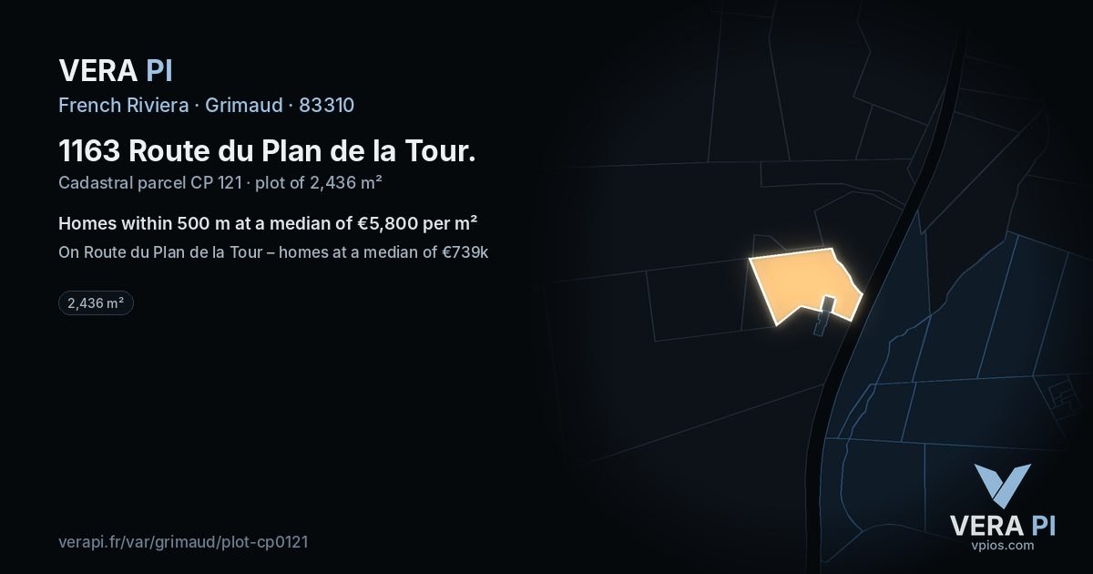 1163 Route du Plan de la Tour, Grimaud at night – the plot lit, the parcels around coloured by the prices near them