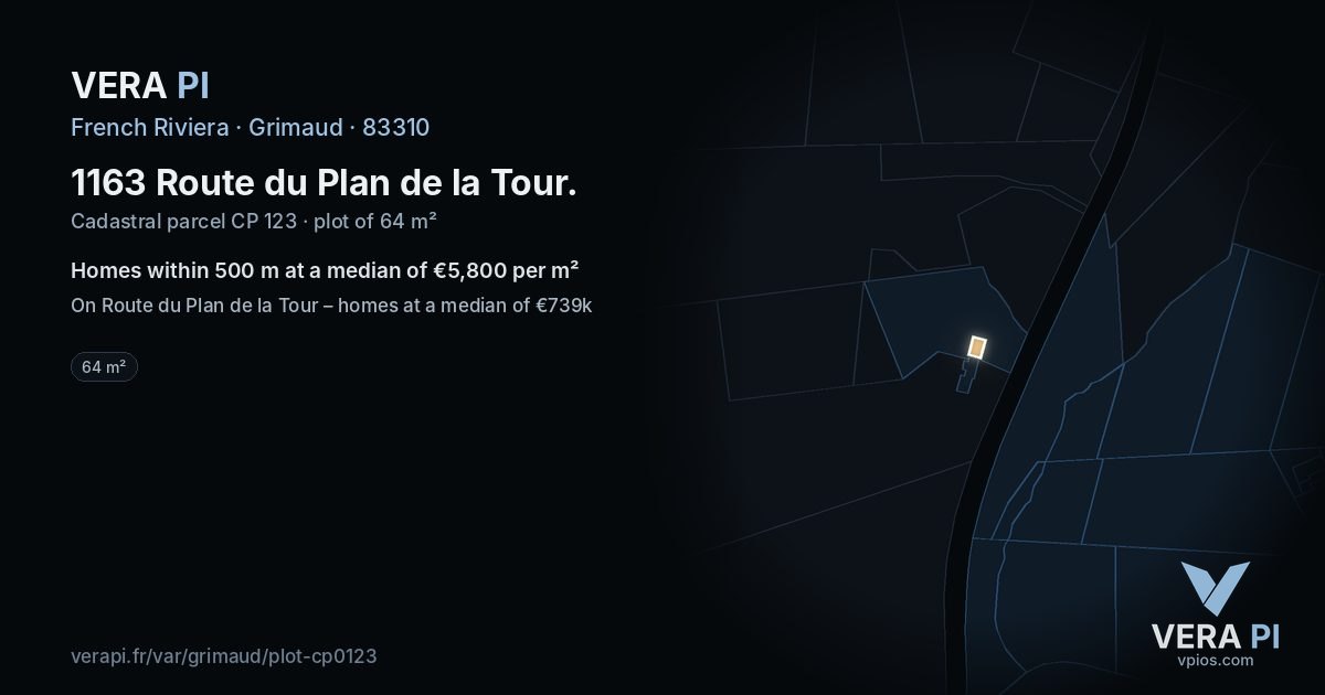 1163 Route du Plan de la Tour, Grimaud at night – the plot lit, the parcels around coloured by the prices near them