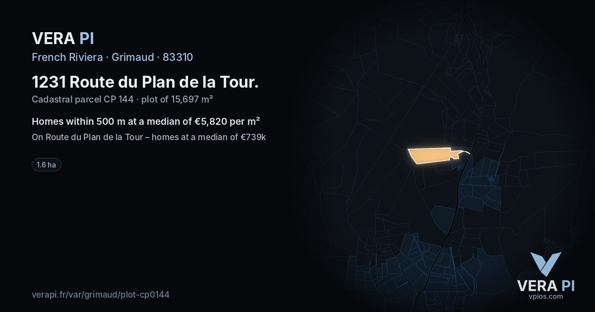 1231 Route du Plan de la Tour, Grimaud at night – the plot lit, the parcels around coloured by the prices near them