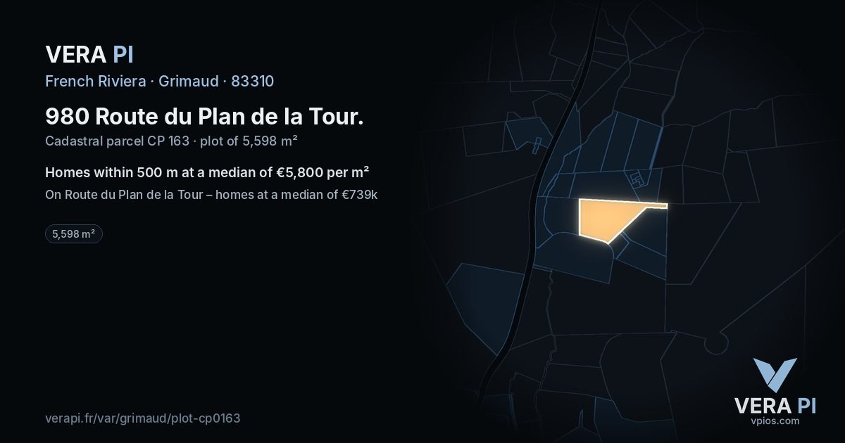 980 Route du Plan de la Tour, Grimaud at night – the plot lit, the parcels around coloured by the prices near them