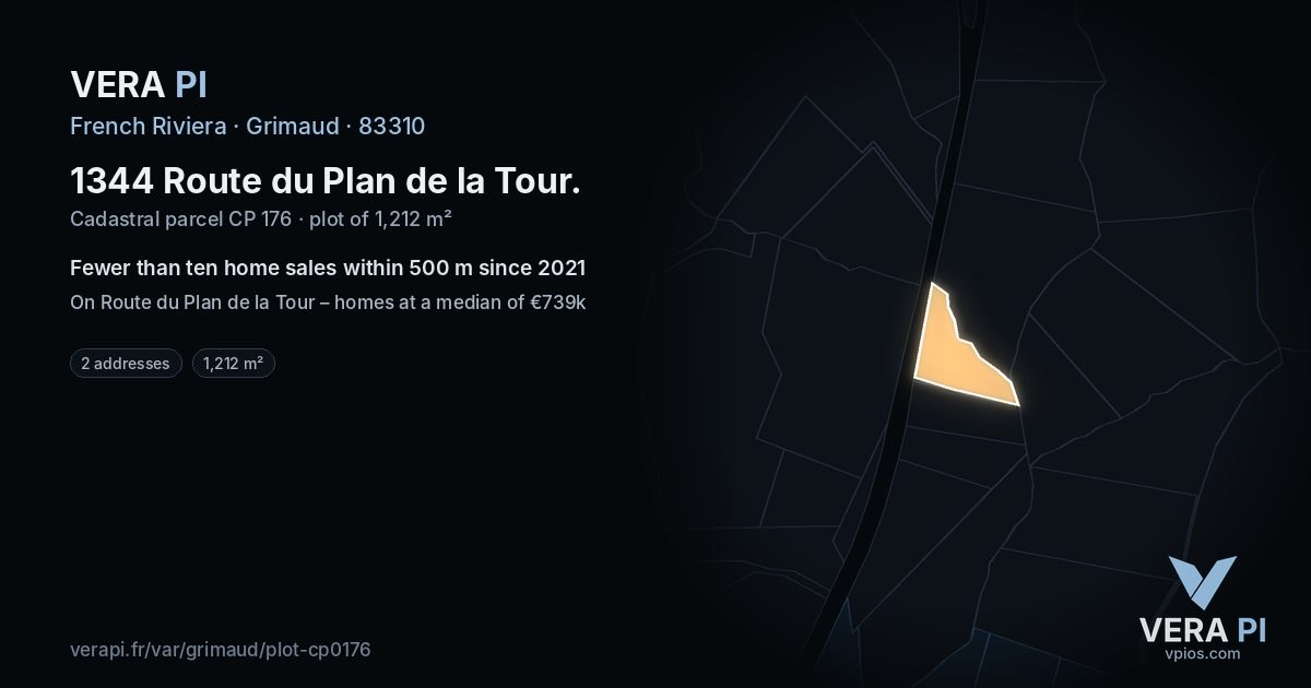 1344 Route du Plan de la Tour, Grimaud at night – the plot lit, the parcels around coloured by the prices near them
