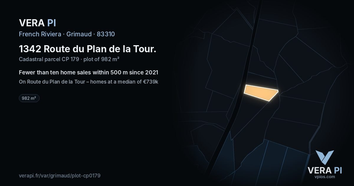 1342 Route du Plan de la Tour, Grimaud at night – the plot lit, the parcels around coloured by the prices near them
