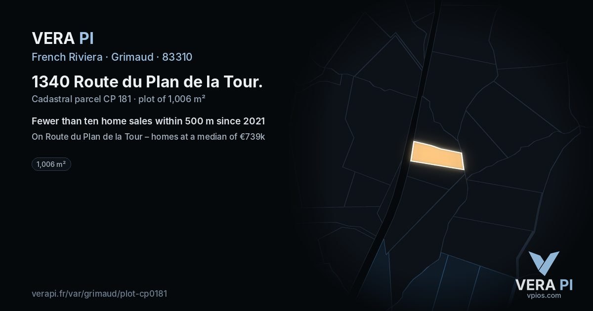 1340 Route du Plan de la Tour, Grimaud at night – the plot lit, the parcels around coloured by the prices near them