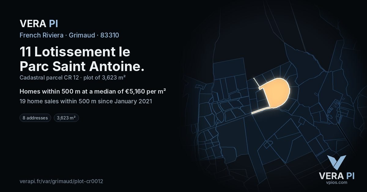 11 Lotissement le Parc Saint Antoine, Grimaud at night – the plot lit, the parcels around coloured by the prices near them