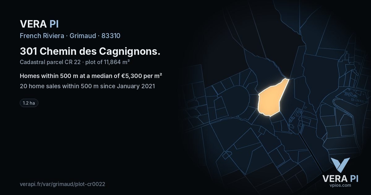 301 Chemin des Cagnignons, Grimaud at night – the plot lit, the parcels around coloured by the prices near them