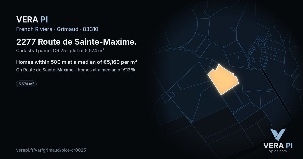2277 Route de Sainte-Maxime, Grimaud at night – the plot lit, the parcels around coloured by the prices near them