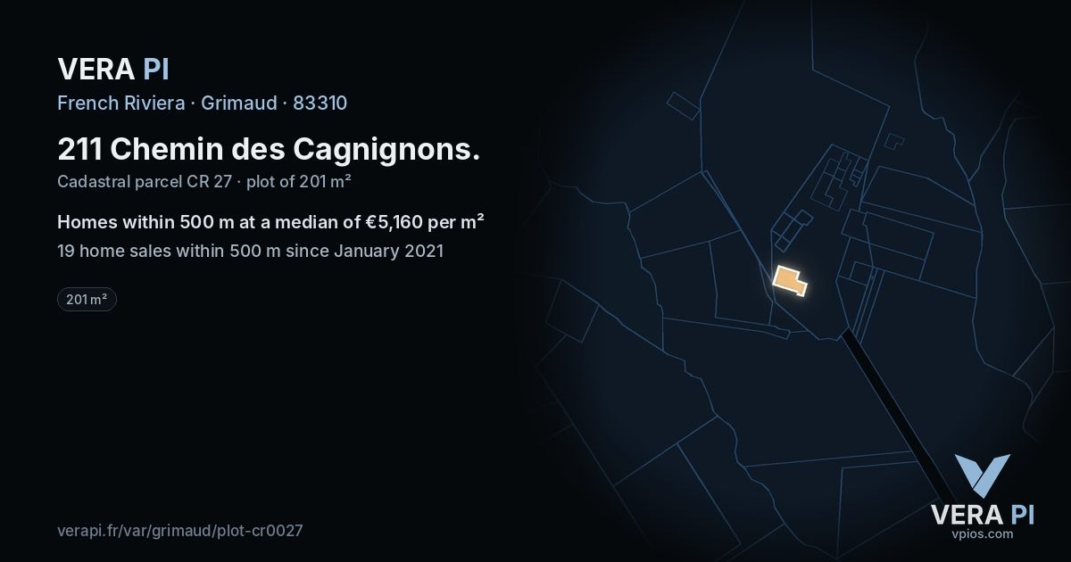 211 Chemin des Cagnignons, Grimaud at night – the plot lit, the parcels around coloured by the prices near them