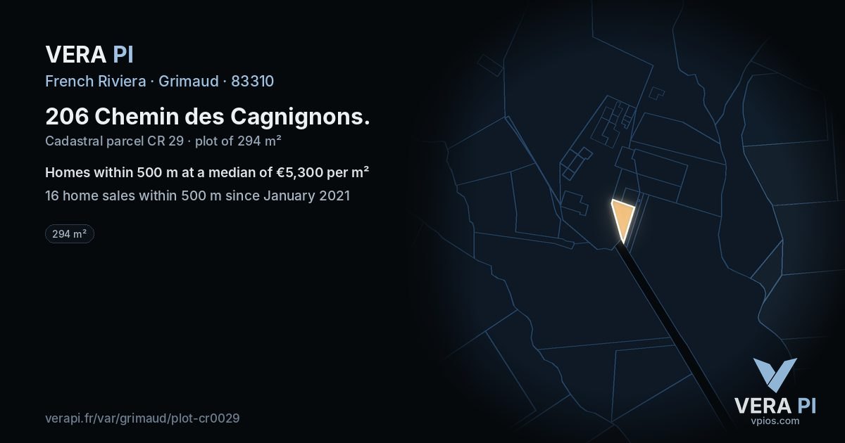 206 Chemin des Cagnignons, Grimaud at night – the plot lit, the parcels around coloured by the prices near them