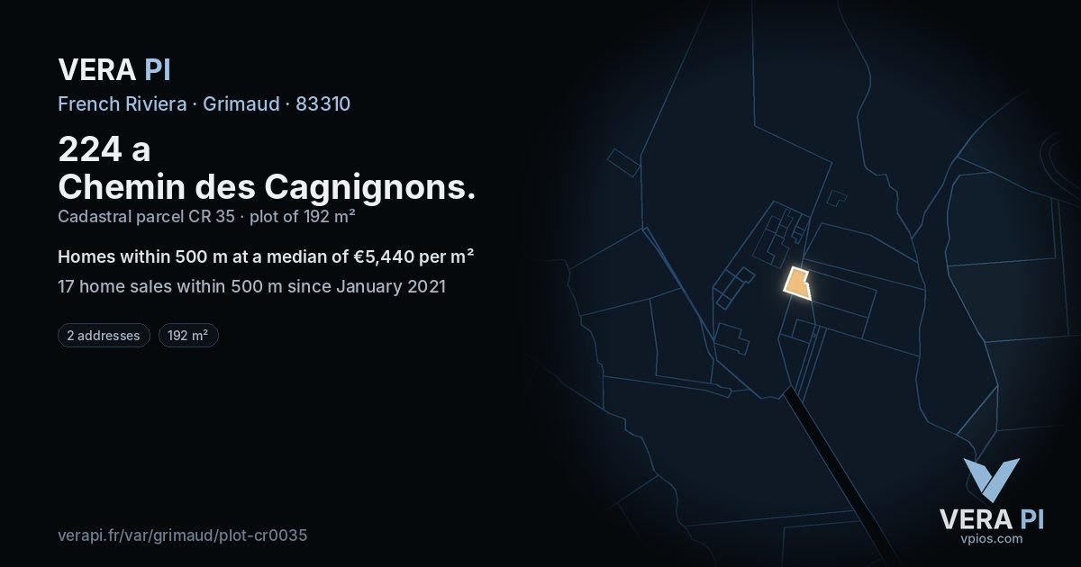 224 a Chemin des Cagnignons, Grimaud at night – the plot lit, the parcels around coloured by the prices near them