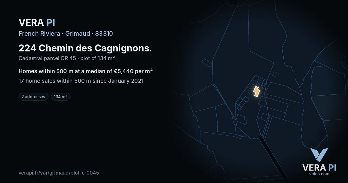 224 Chemin des Cagnignons, Grimaud at night – the plot lit, the parcels around coloured by the prices near them