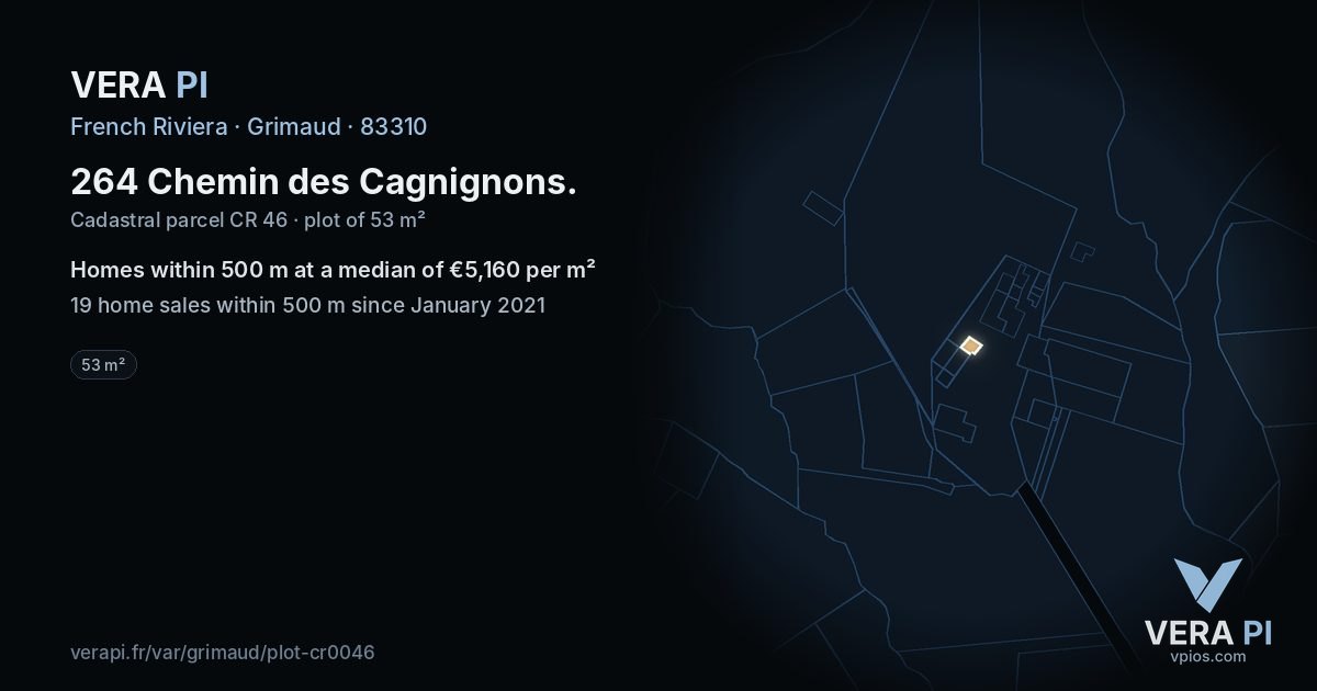 264 Chemin des Cagnignons, Grimaud at night – the plot lit, the parcels around coloured by the prices near them