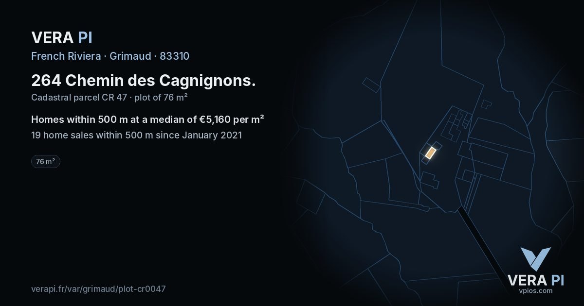 264 Chemin des Cagnignons, Grimaud at night – the plot lit, the parcels around coloured by the prices near them