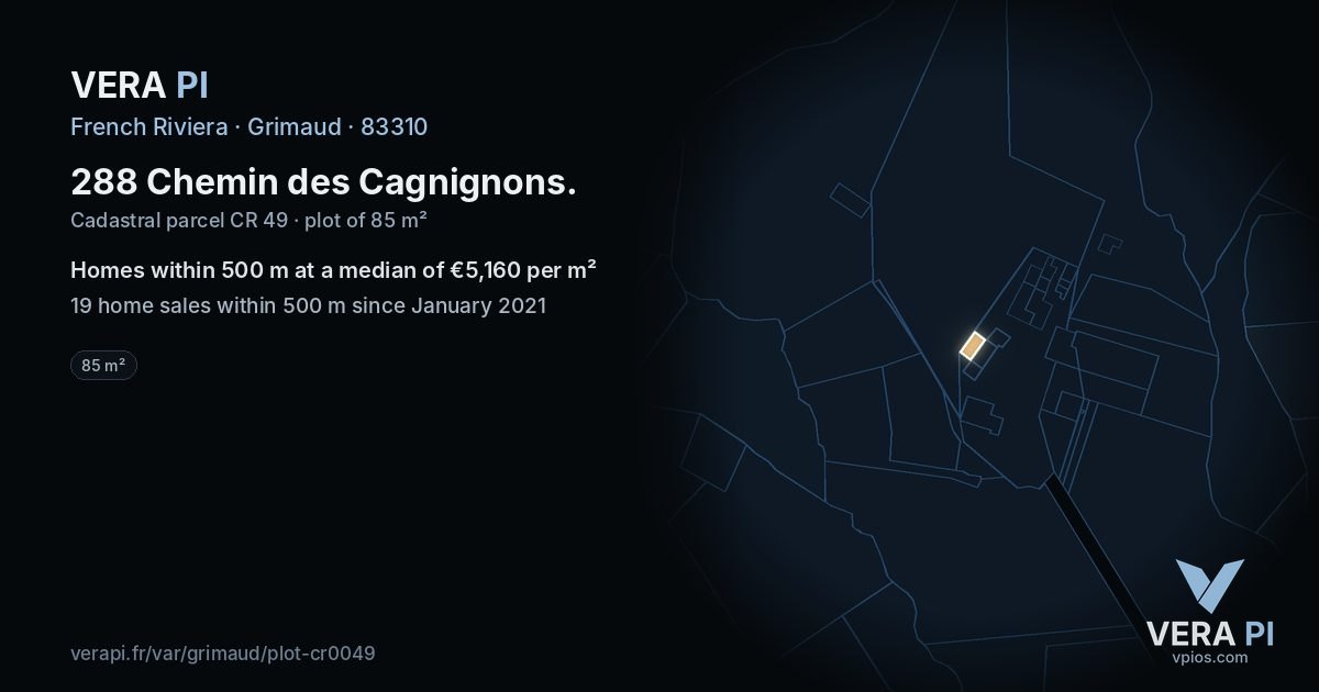 288 Chemin des Cagnignons, Grimaud at night – the plot lit, the parcels around coloured by the prices near them